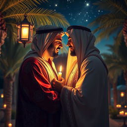 A visually captivating scene featuring two middle-eastern men in a romantic embrace, surrounded by a luxurious Arabian night setting