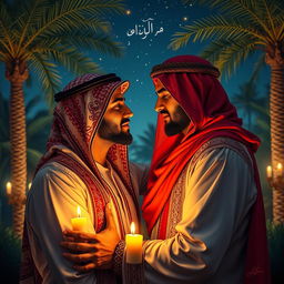 A visually captivating scene featuring two middle-eastern men in a romantic embrace, surrounded by a luxurious Arabian night setting