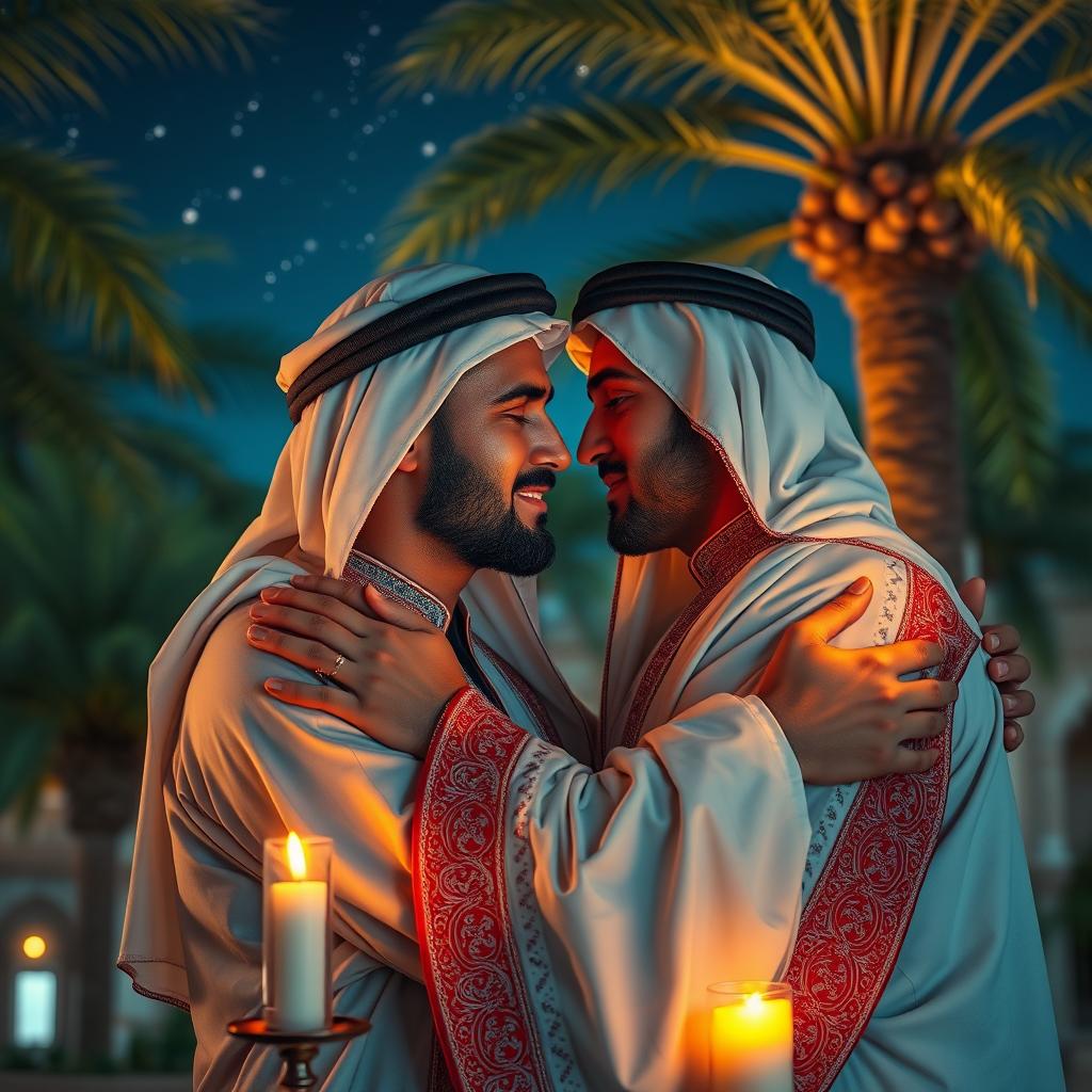 A visually captivating scene featuring two middle-eastern men in a romantic embrace, surrounded by a luxurious Arabian night setting