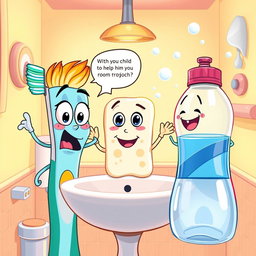 A whimsical cartoon scene featuring three anthropomorphized bathroom tools: a lively toothbrush with big expressive eyes, a worried expression, and colorful bristles; a friendly bar of soap with a bubbly texture, a surprised look, and a cheerful face; and an enthusiastic water bottle, shining and sporty, with an eagerness reflected in its round, plastic body