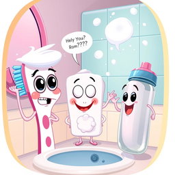 A whimsical cartoon scene featuring three anthropomorphized bathroom tools: a lively toothbrush with big expressive eyes, a worried expression, and colorful bristles; a friendly bar of soap with a bubbly texture, a surprised look, and a cheerful face; and an enthusiastic water bottle, shining and sporty, with an eagerness reflected in its round, plastic body