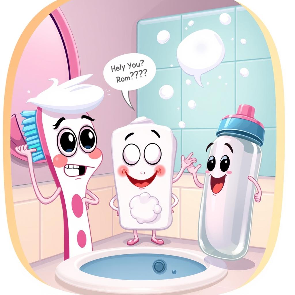 A whimsical cartoon scene featuring three anthropomorphized bathroom tools: a lively toothbrush with big expressive eyes, a worried expression, and colorful bristles; a friendly bar of soap with a bubbly texture, a surprised look, and a cheerful face; and an enthusiastic water bottle, shining and sporty, with an eagerness reflected in its round, plastic body