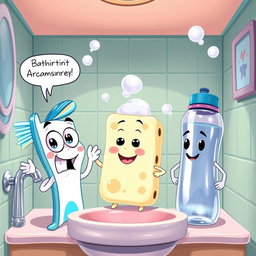 A whimsical cartoon scene featuring three anthropomorphized bathroom tools: a lively toothbrush with big expressive eyes, a worried expression, and colorful bristles; a friendly bar of soap with a bubbly texture, a surprised look, and a cheerful face; and an enthusiastic water bottle, shining and sporty, with an eagerness reflected in its round, plastic body