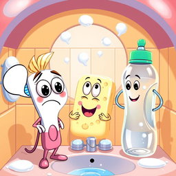 A whimsical cartoon scene featuring three anthropomorphized bathroom tools: a lively toothbrush with big expressive eyes, a worried expression, and colorful bristles; a friendly bar of soap with a bubbly texture, a surprised look, and a cheerful face; and an enthusiastic water bottle, shining and sporty, with an eagerness reflected in its round, plastic body