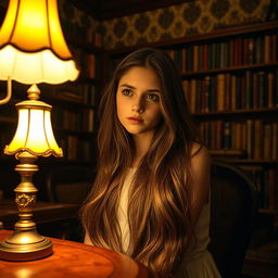 A beautiful vintage photo of a girl sitting in a classic old-style London room, illuminated by the warm glow of a study lamp