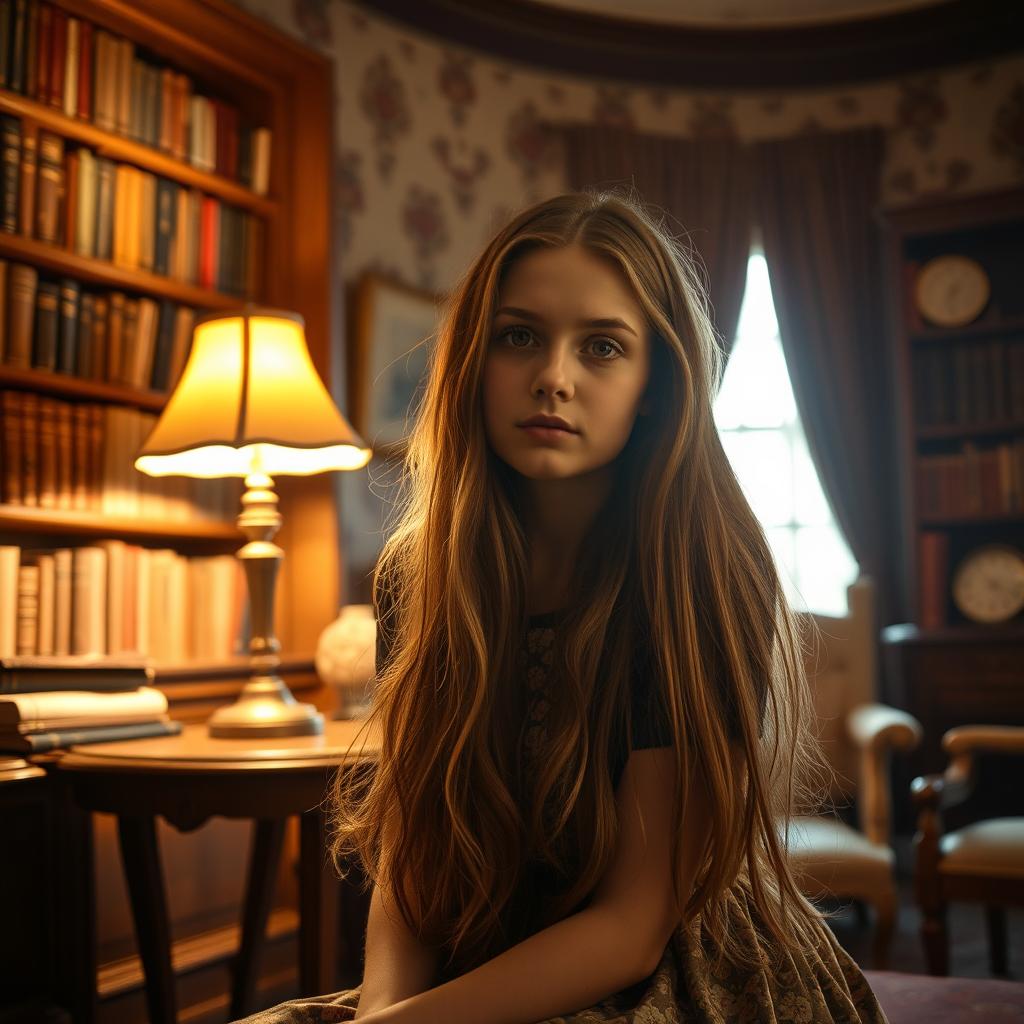 A beautiful vintage photo of a girl sitting in a classic old-style London room, illuminated by the warm glow of a study lamp