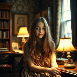 A beautiful vintage photo of a girl sitting in a classic old-style London room, illuminated by the warm glow of a study lamp