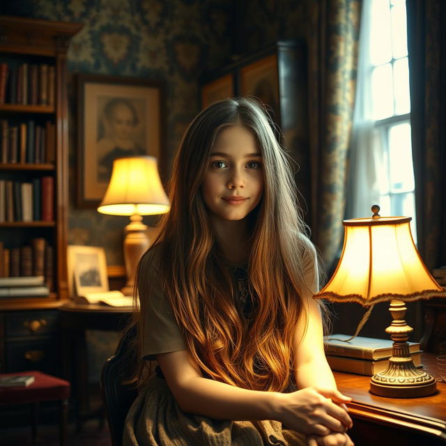A beautiful vintage photo of a girl sitting in a classic old-style London room, illuminated by the warm glow of a study lamp