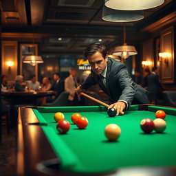 A successful businessman playing billiards in an upscale bar, dressed in a sharp suit with a confident demeanor