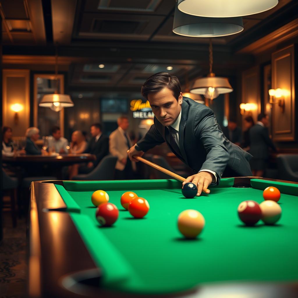 A successful businessman playing billiards in an upscale bar, dressed in a sharp suit with a confident demeanor