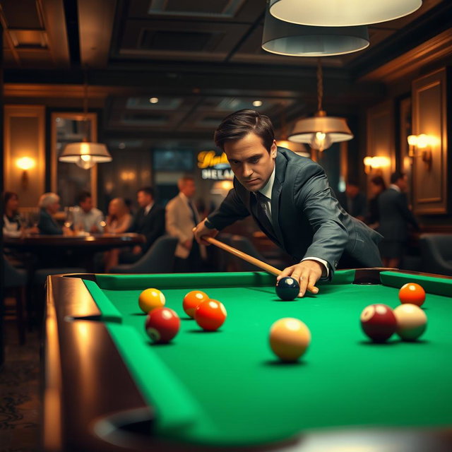 A successful businessman playing billiards in an upscale bar, dressed in a sharp suit with a confident demeanor