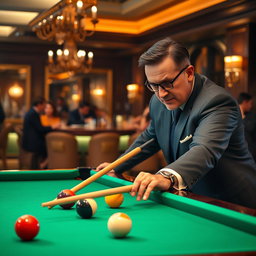 A successful businessman playing billiards in an upscale bar, dressed in a sharp suit with a confident demeanor
