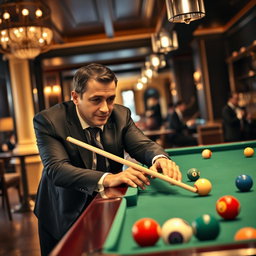 A successful businessman playing billiards in an upscale bar, dressed in a sharp suit with a confident demeanor
