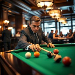 A successful businessman playing billiards in an upscale bar, dressed in a sharp suit with a confident demeanor