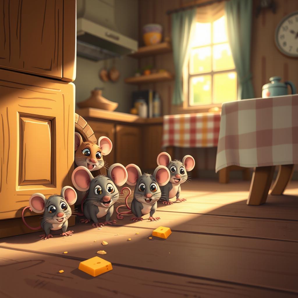 A charming scene depicting a group of cute, cartoon-style mice emerging from a small hole in a cozy, rustic kitchen