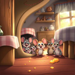 A charming scene depicting a group of cute, cartoon-style mice emerging from a small hole in a cozy, rustic kitchen