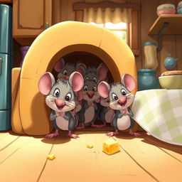 A charming scene depicting a group of cute, cartoon-style mice emerging from a small hole in a cozy, rustic kitchen