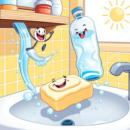 A lively cartoon scene featuring an adventurous toothbrush jumping from a shelf to a sink, displaying a joyful expression