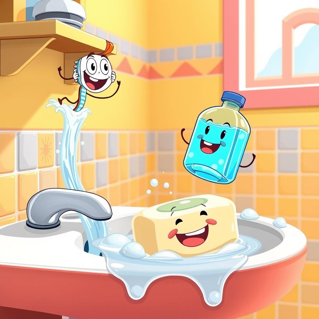 A lively cartoon scene featuring an adventurous toothbrush jumping from a shelf to a sink, displaying a joyful expression