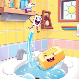 A lively cartoon scene featuring an adventurous toothbrush jumping from a shelf to a sink, displaying a joyful expression