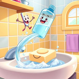 A lively cartoon scene featuring an adventurous toothbrush jumping from a shelf to a sink, displaying a joyful expression