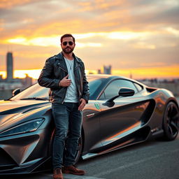 A passionate car enthusiast standing proudly next to a sleek, modified sports car, showcasing custom paintwork and impressive features