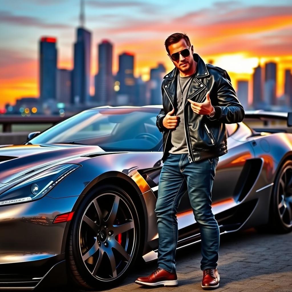 A passionate car enthusiast standing proudly next to a sleek, modified sports car, showcasing custom paintwork and impressive features