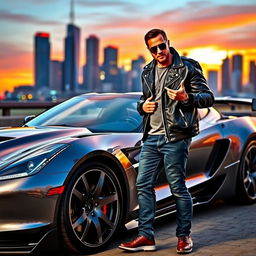 A passionate car enthusiast standing proudly next to a sleek, modified sports car, showcasing custom paintwork and impressive features