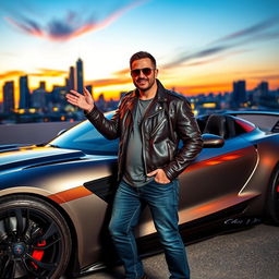 A passionate car enthusiast standing proudly next to a sleek, modified sports car, showcasing custom paintwork and impressive features