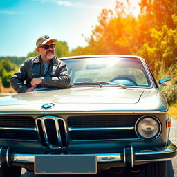 A dedicated car enthusiast beside a classic vintage BMW, showcasing its iconic design and aged charm