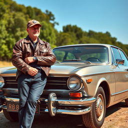 A dedicated car enthusiast beside a classic vintage BMW, showcasing its iconic design and aged charm