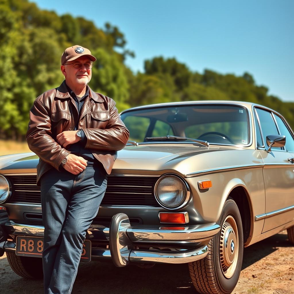A dedicated car enthusiast beside a classic vintage BMW, showcasing its iconic design and aged charm