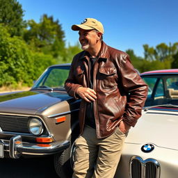 A dedicated car enthusiast beside a classic vintage BMW, showcasing its iconic design and aged charm