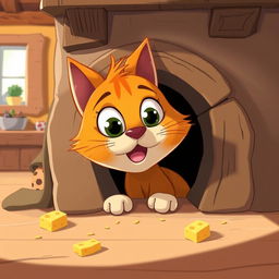 A whimsical scene featuring a cartoonish, hungry cat peering curiously into a small mouse hole