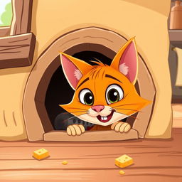 A whimsical scene featuring a cartoonish, hungry cat peering curiously into a small mouse hole