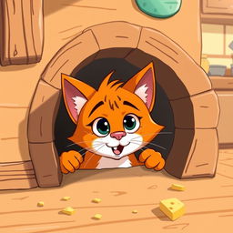 A whimsical scene featuring a cartoonish, hungry cat peering curiously into a small mouse hole