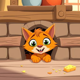 A whimsical scene featuring a cartoonish, hungry cat peering curiously into a small mouse hole