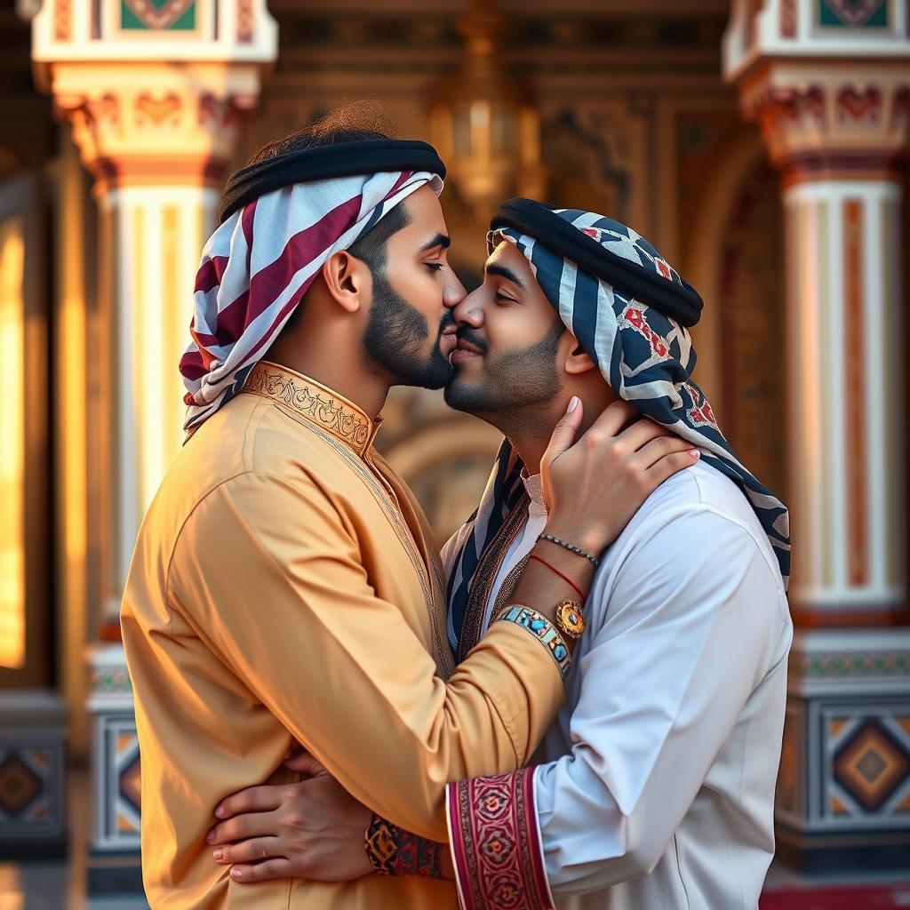 A vibrant and intimate scene depicting a romantic connection between two Arab men, showcasing their affection in a warm, inviting setting