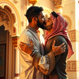 A vibrant and intimate scene depicting a romantic connection between two Arab men, showcasing their affection in a warm, inviting setting