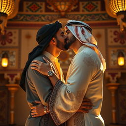 A vibrant and intimate scene depicting a romantic connection between two Arab men, showcasing their affection in a warm, inviting setting