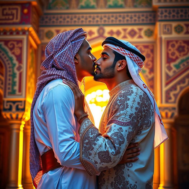 A vibrant and intimate scene depicting a romantic connection between two Arab men, showcasing their affection in a warm, inviting setting