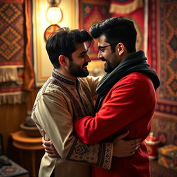 A vibrant and intimate scene showcasing two handsome Kurdish men embracing in a warm, romantic atmosphere