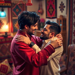 A vibrant and intimate scene showcasing two handsome Kurdish men embracing in a warm, romantic atmosphere