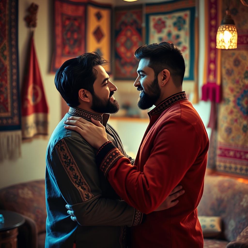 A vibrant and intimate scene showcasing two handsome Kurdish men embracing in a warm, romantic atmosphere