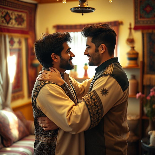 A vibrant and intimate scene showcasing two handsome Kurdish men embracing in a warm, romantic atmosphere