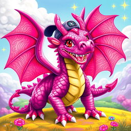 A colorful dragon featuring striking hot pink details, including vibrant scales and accents