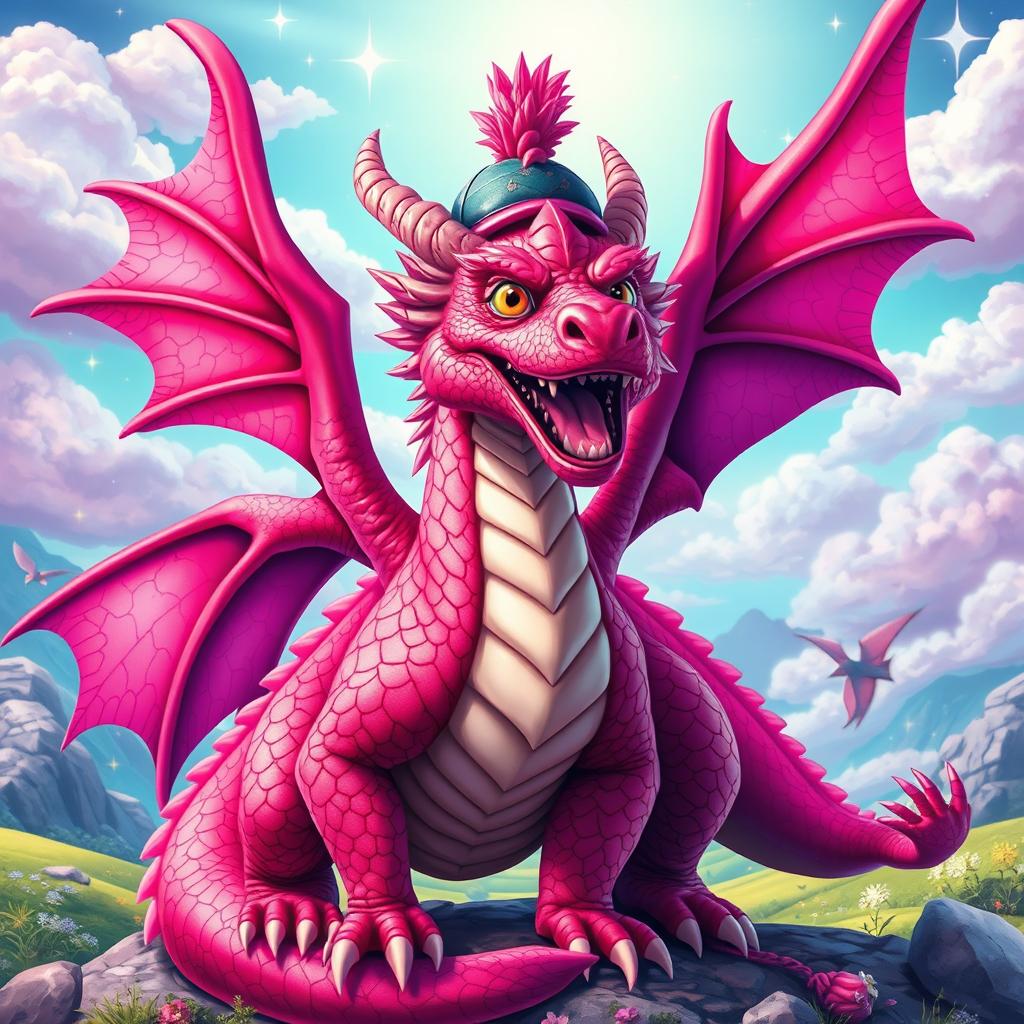 A colorful dragon featuring striking hot pink details, including vibrant scales and accents