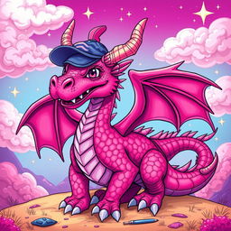 A colorful dragon featuring striking hot pink details, including vibrant scales and accents