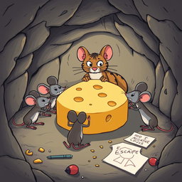 A whimsical illustration depicting a group of cartoon mice in a cozy, underground burrow planning their next move