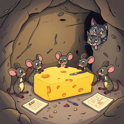A whimsical illustration depicting a group of cartoon mice in a cozy, underground burrow planning their next move